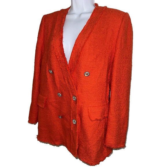 Zara Orange Red Tweed Double Breast Blazer Diamond Button Trinny Blogger Women L - Picture 2 of 14